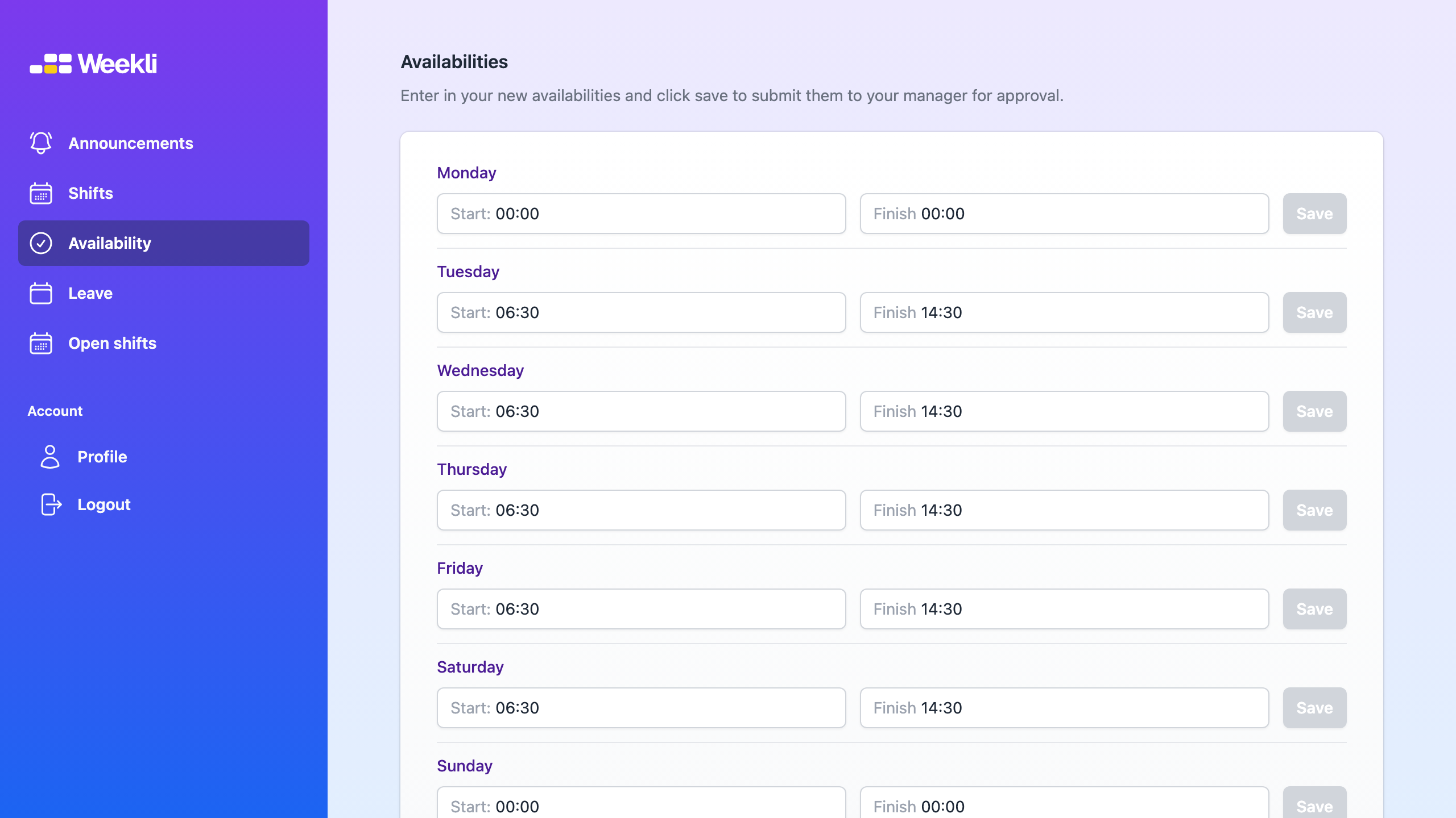 Weekli employee availability