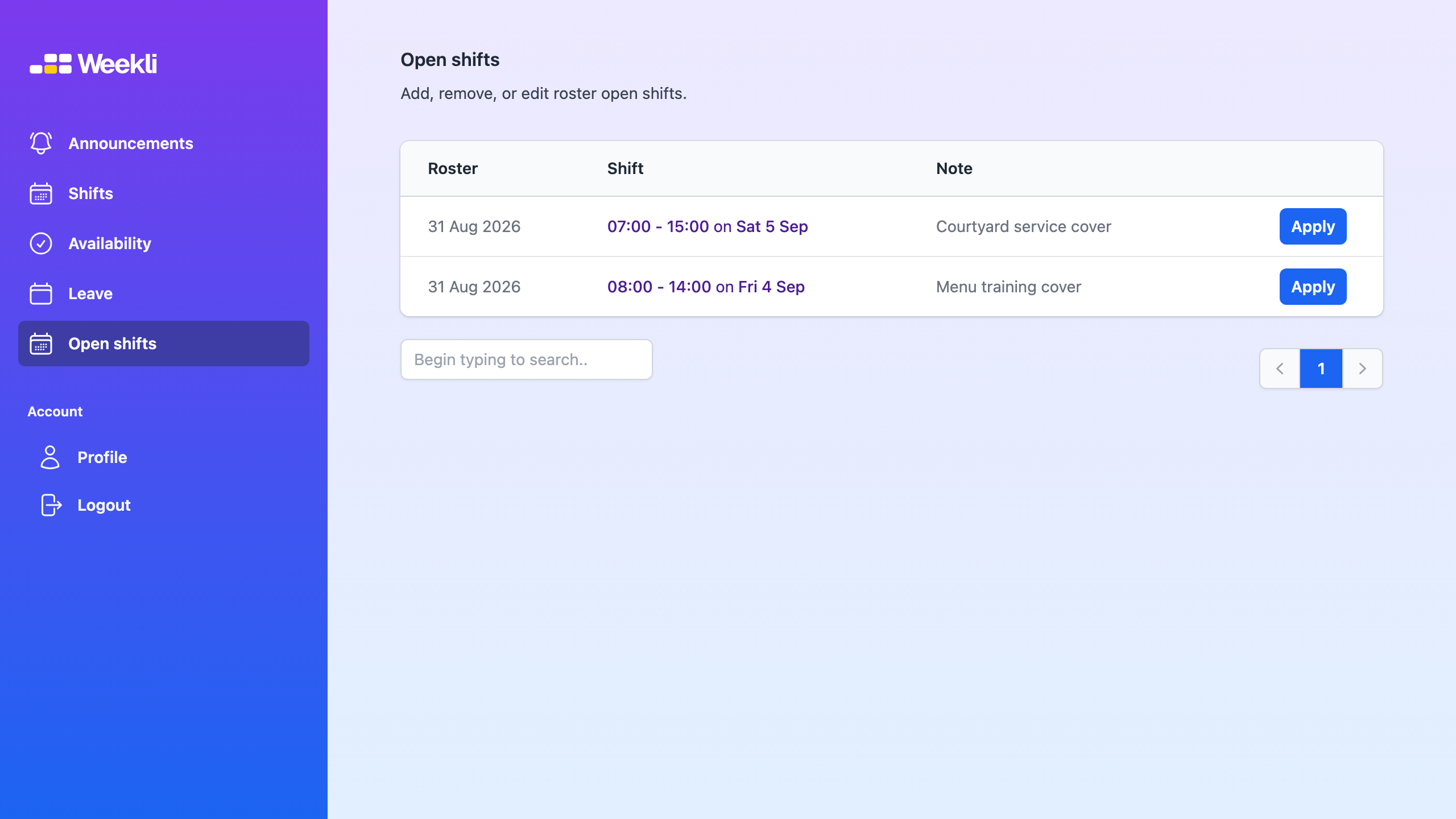 Weekli employee open-shift application