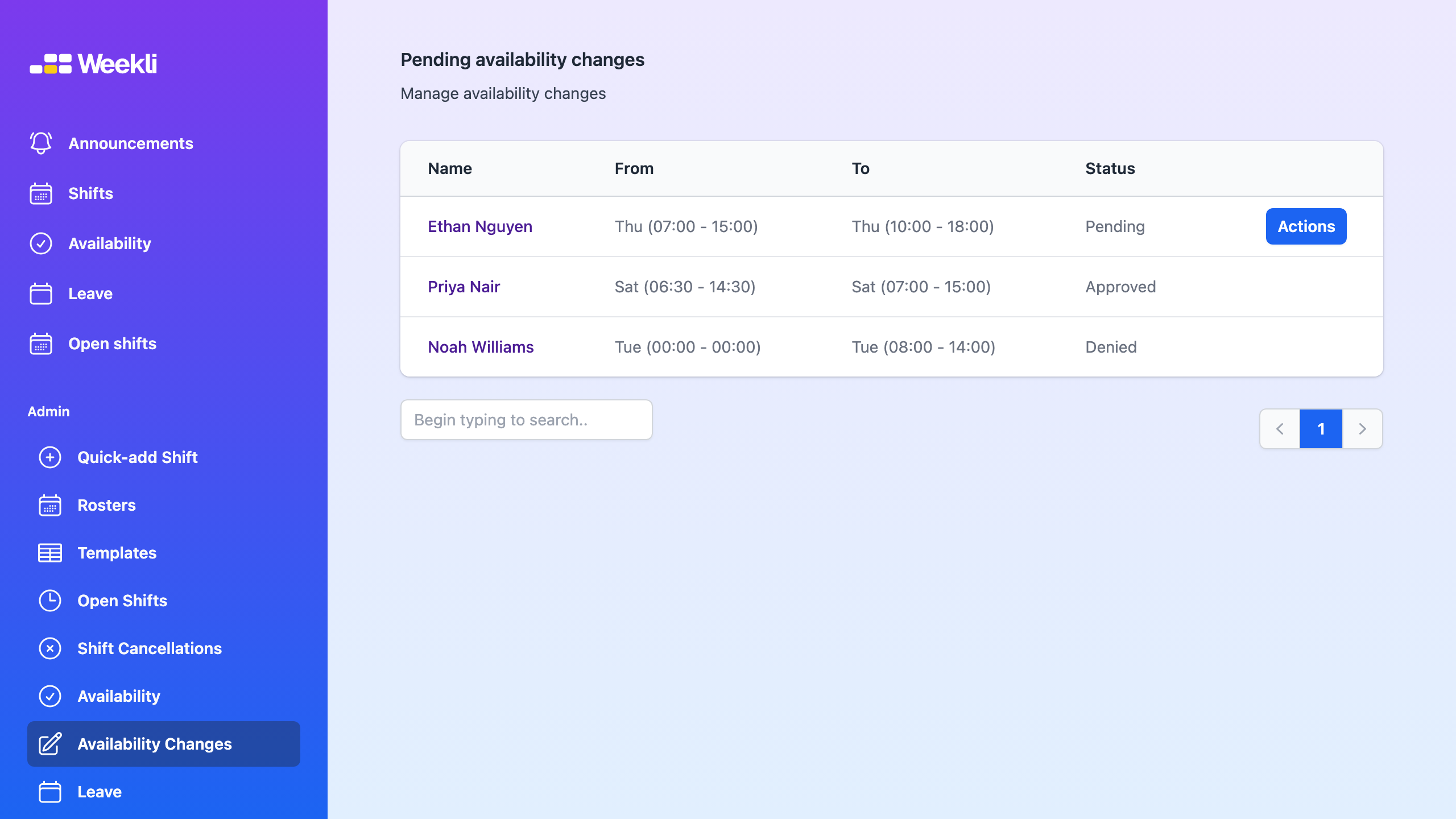 Weekli manager view showing current and proposed availability hours