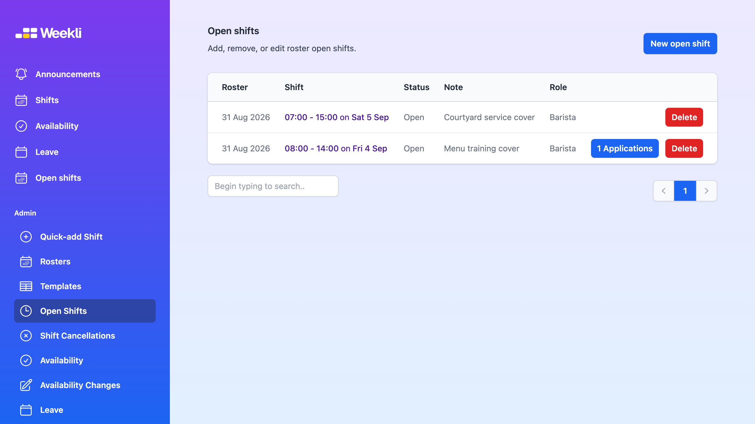 Weekli manager open shifts