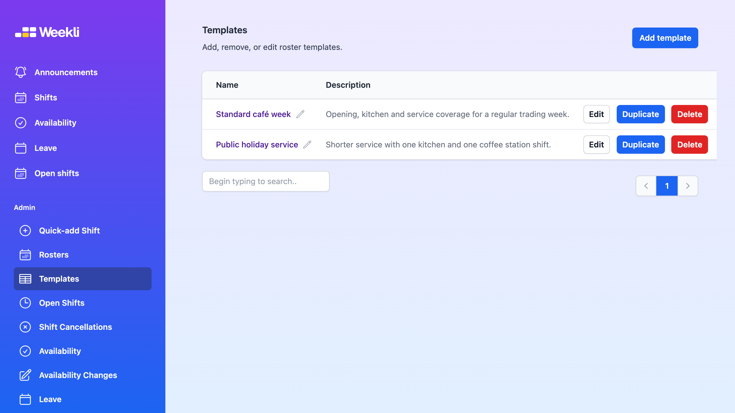 Weekli roster templates